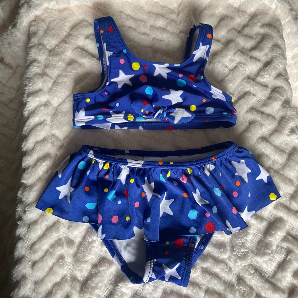 Cat & Jack 2T Swimsuit Two‎ Piece Skirted Stars Polka Dots Blue Girl's Swim Set